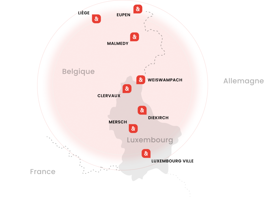 Carte montrant que les bureaux de Pierre & Nature se situent à Weiswampach, à proximité de l’autoroute E421, dans le Nord du Grand-Duché de Luxembourg. Gouvy et Troisvierges sont également à proximité.